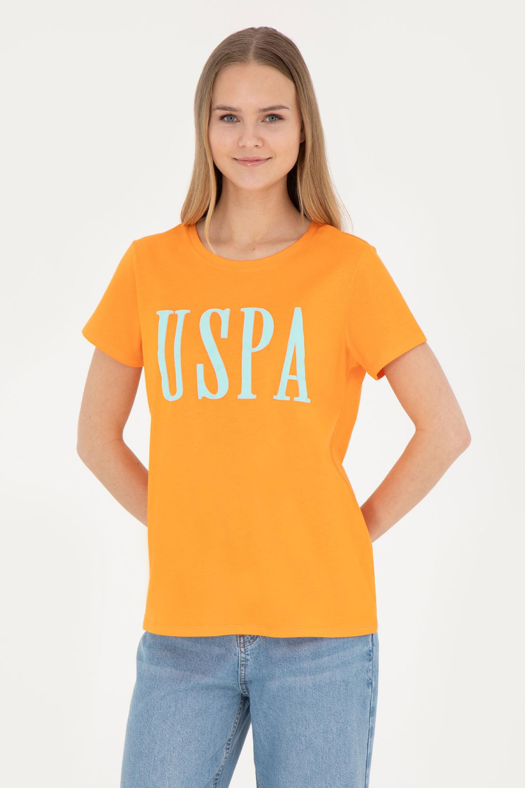 Женская оранжевая футболка с круглым вырезом - U.s. polo assn фото 8