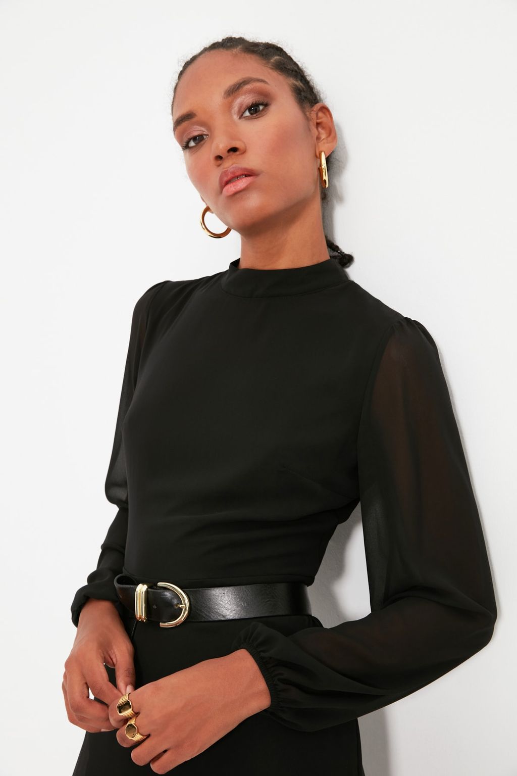 Siyah A Kesim Dik Yakal? Midi Astarl? Sifon Dokuma K?sl?k Elbise TWOAW20EL1313