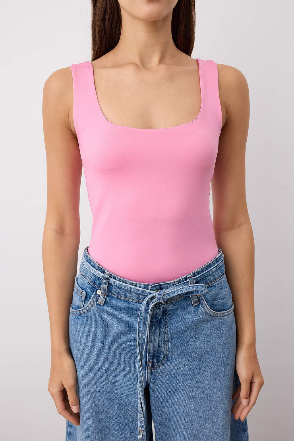 Pembe Fitted/Vucuda Oturan S?rt? Detayl? Kare Yaka C?tc?tl? Esnek Orme Body TWOSS24BD00026