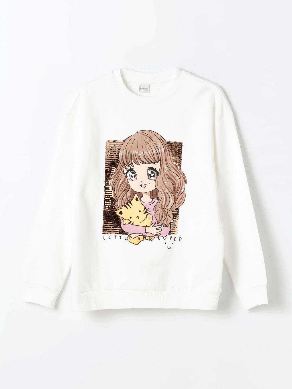 Bisiklet Yaka Bask?l? ?ift Y?nl? Payetli Uzun Kollu K?z ?ocuk Sweatshirt
