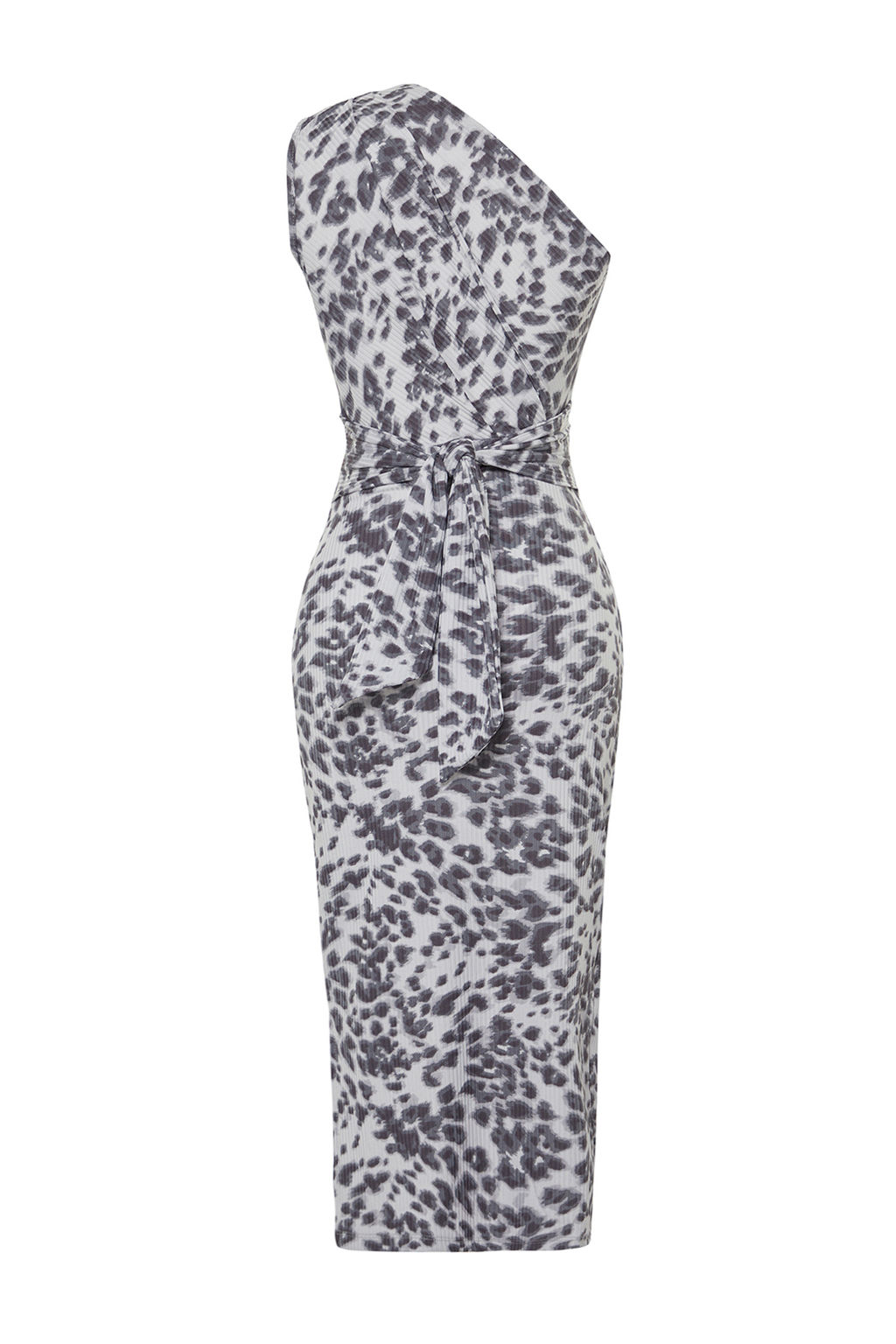 Gri Leopar Vucuda Oturan Tek Omuz Asimetrik Buzgu Detayl? Orme Midi Kalem Elbise TWOSS23EL02182