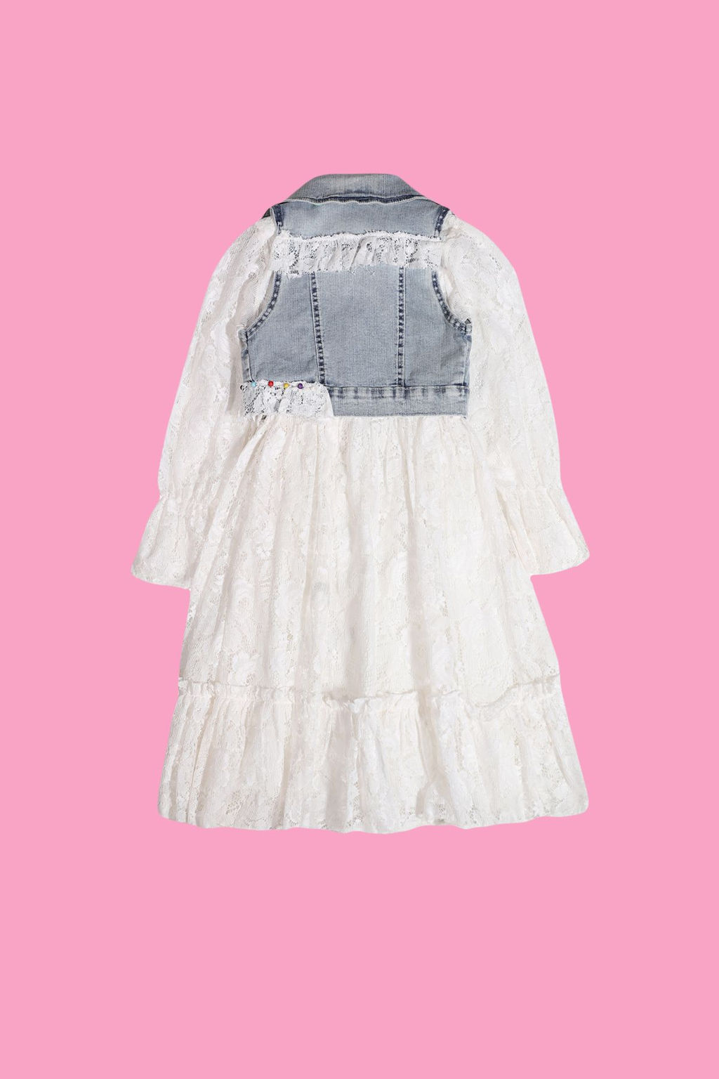 K?z Cocuk Ekru Dantel Detayl? Denim Yelek Kemerli Uzun Kollu Elbise Set Tak?m TKDSS24EL00013 - Trendyolmilla фото 3