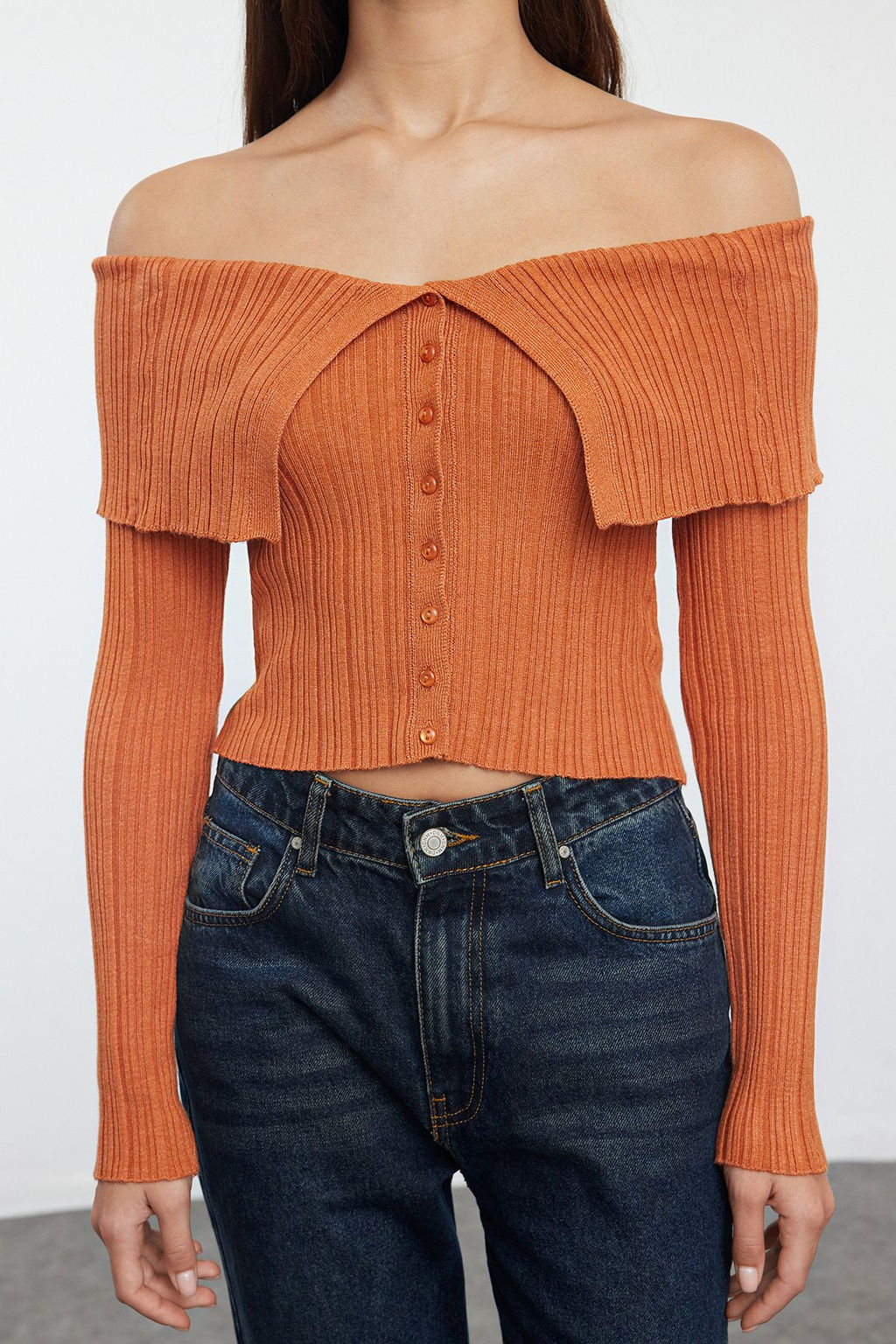 Turuncu Crop Premium Iplik/Ozel Iplik Fitted/Vucudu Saran Triko H?rka TWOAW25HI00095