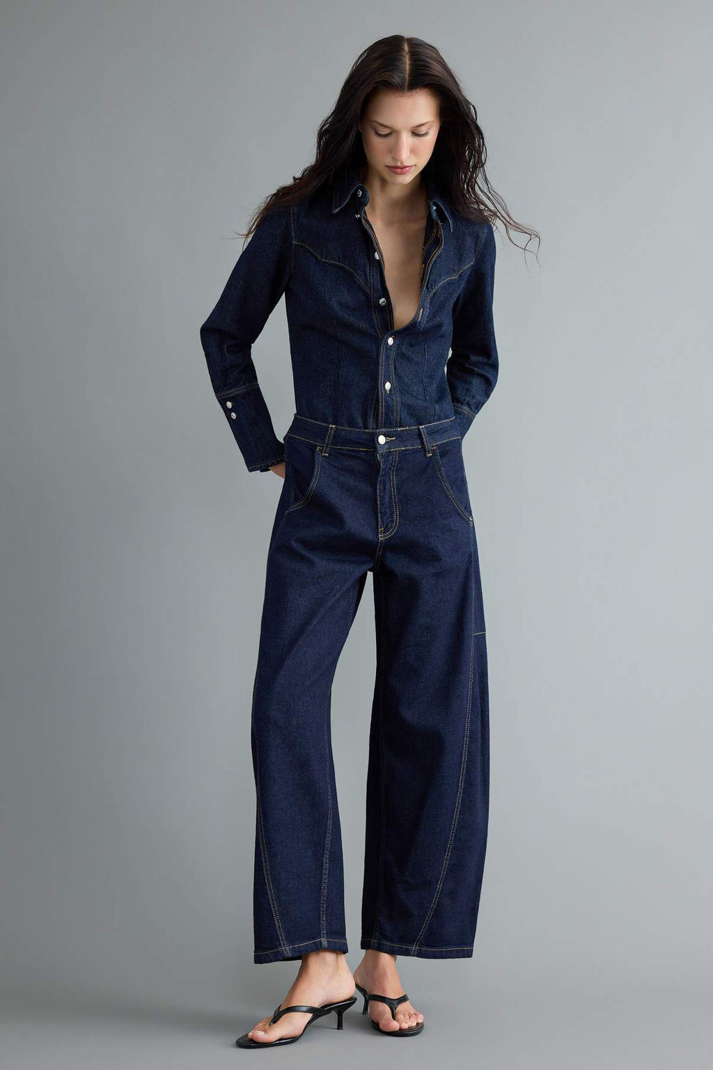 Koyu Mavi D_K_ML_ Diki_ Detayl_ Y_ksek Bel Baggy Jeans TWOAW27JE00030 - Trendyolmilla фото 2