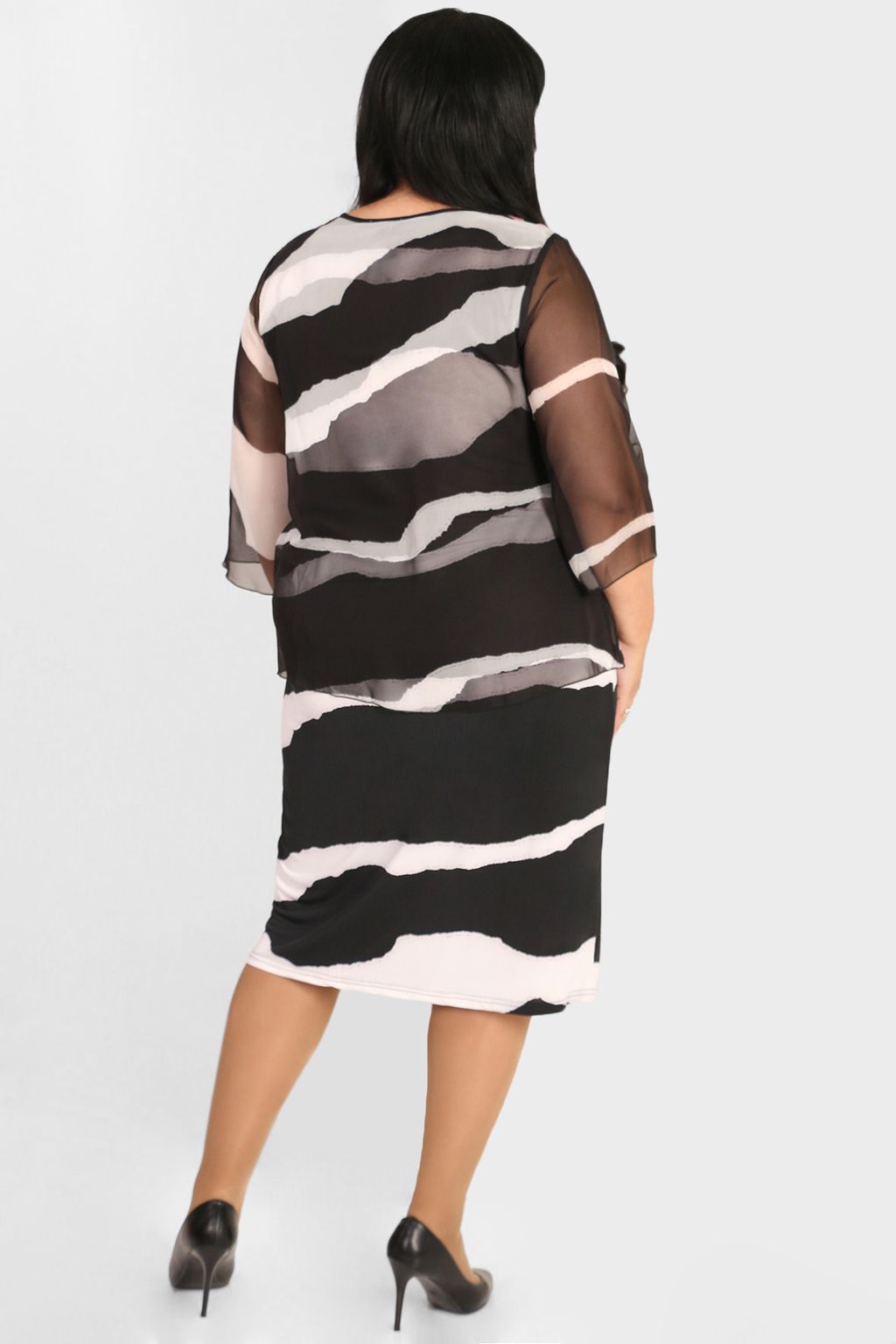 Платье нарядное с прозрачным рукавом с принтом из трикотажа и шифона - Almond фото 4