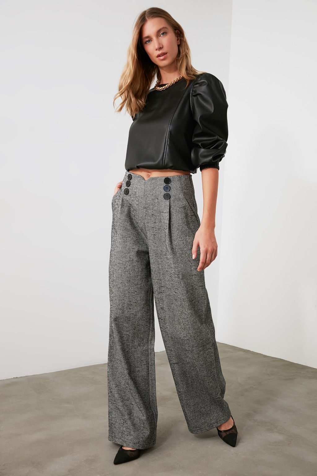 Gri Dugme Detayl? Wide Leg Dokuma Pantolon TWOAW21PL0492 Palazzo