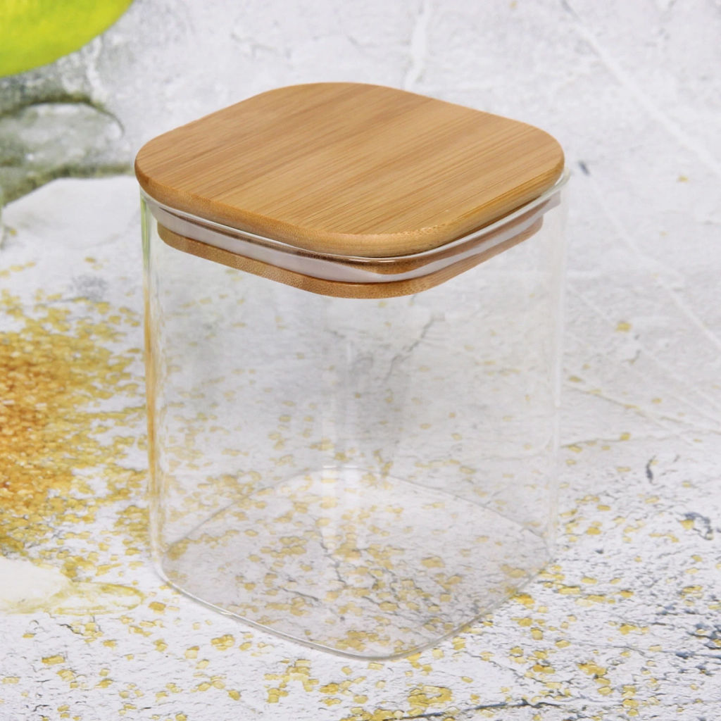 Банка для продуктов стеклянная 700мл "Хай-Тек" с бамбуковой крышкой, квадратная 10*12см