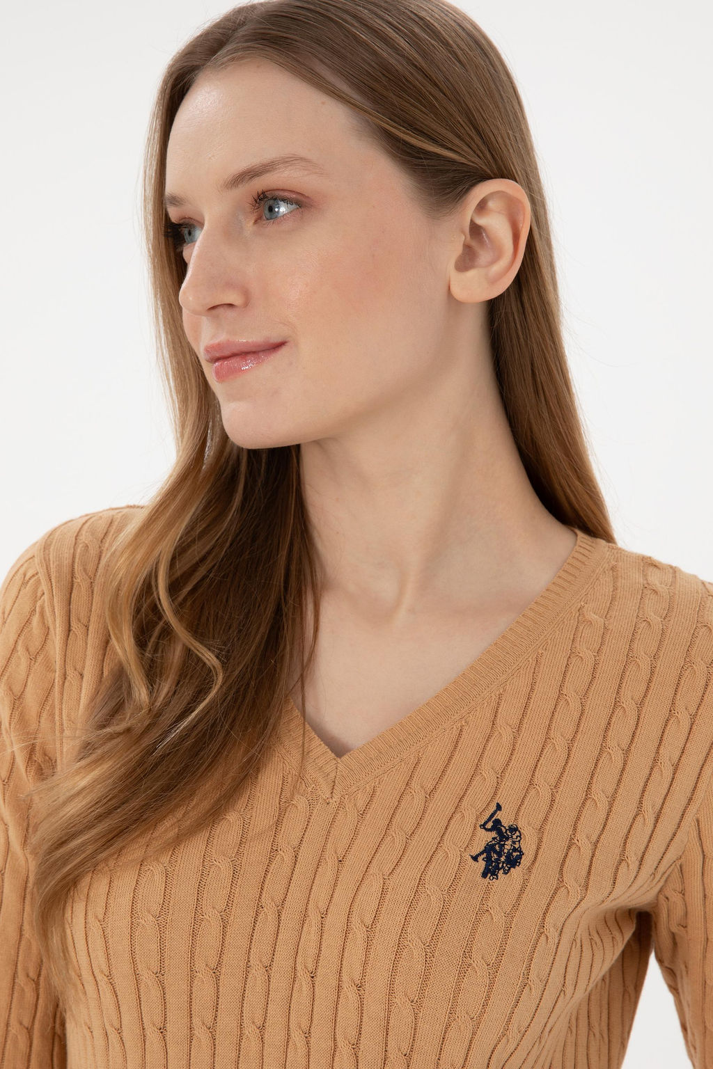 Свитер женский U.S. Polo Assn с v-образным вырезом светло-коричневый хлопок  фото 9