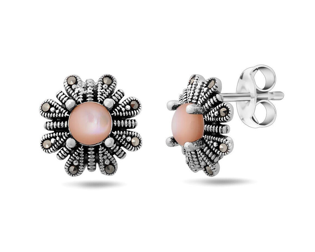 Серьги, марказит , перламутр розовый, SL-LNJ338