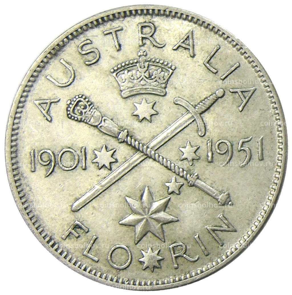 1 флорин (2 шиллинга) 1951 года Австралия  50 лет Федерации