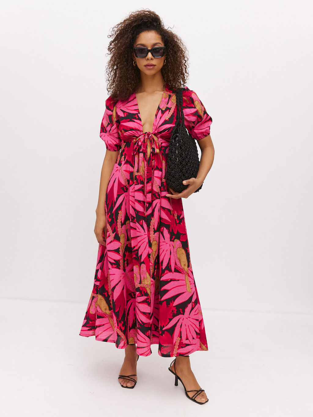 Платье миди из хлопка с объемными рукавами