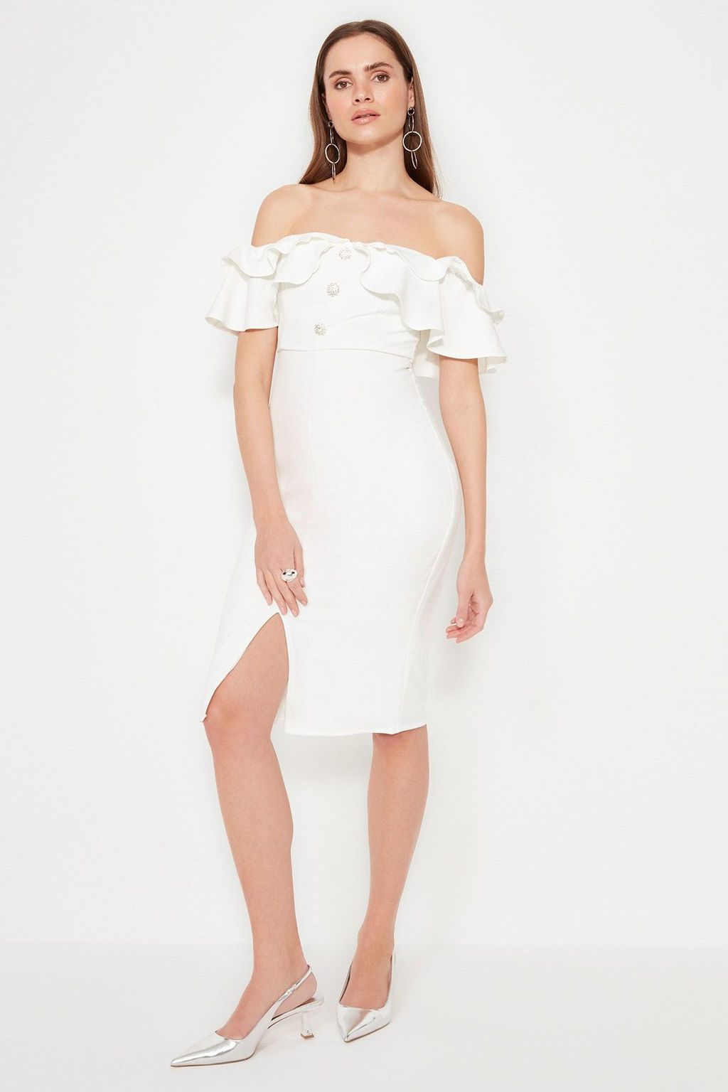 Bridal Ekru Astarl? Volanl? Dokuma Abiye Gece Elbise TPRSS21EL1403 - Trendyolmilla фото 3