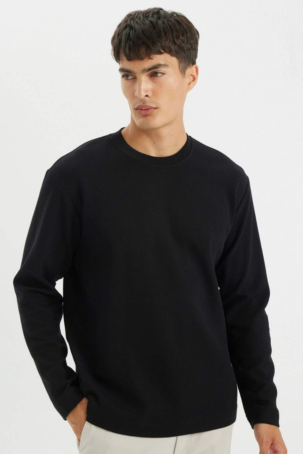 Regular Fit Bisiklet Yaka Waffle Basic Duz Uzun Kollu Tisort - Defacto фото 2