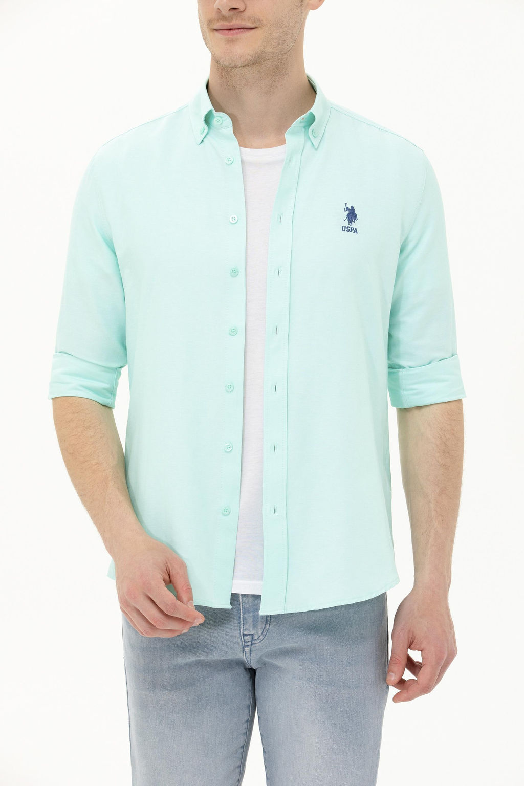 Мужская базовая рубашка зеленого цвета с длинным рукавом - U.s. polo assn фото 6
