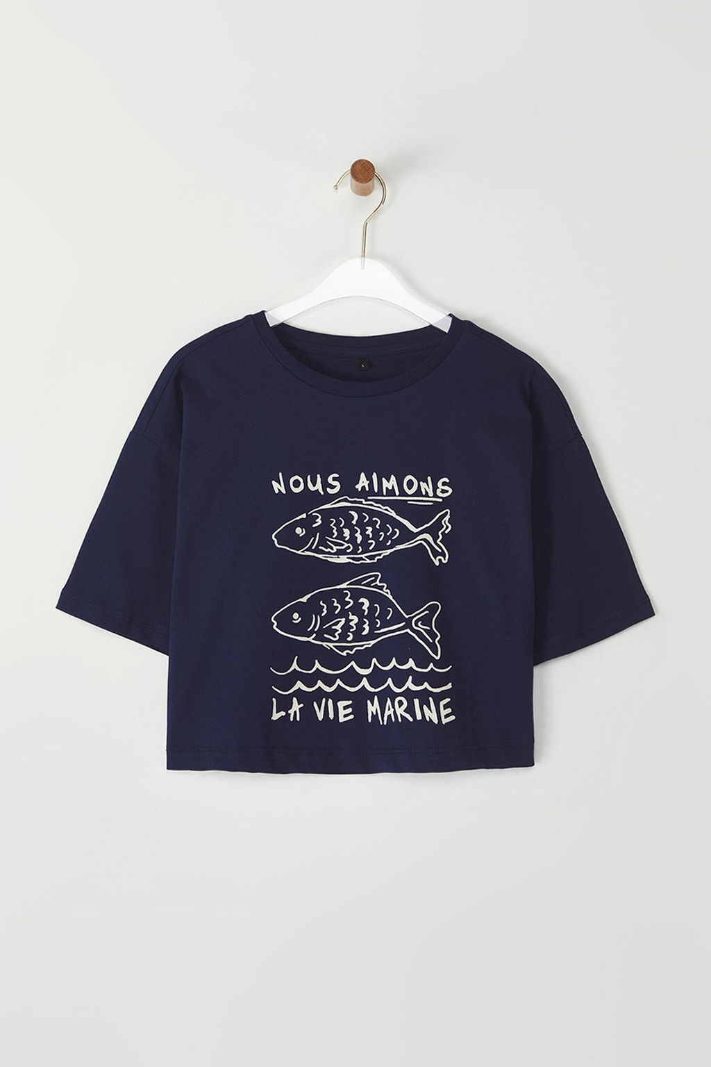 TRENDYOLMILLA Lacivert %100 Pamuk Relaxed/Rahat Kal?p Crop Bask?l? Orme T-Shirt TWOSS25TS00080 фото 5