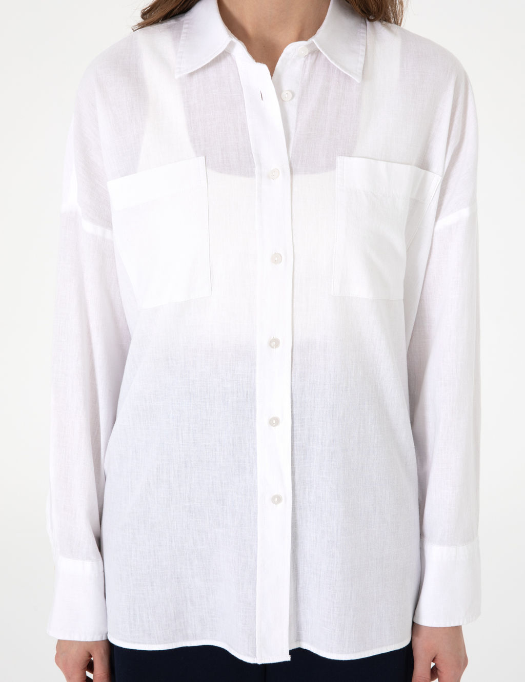 Beyaz Oversize Keten Kar___ml_ Uzun Kollu G_mlek