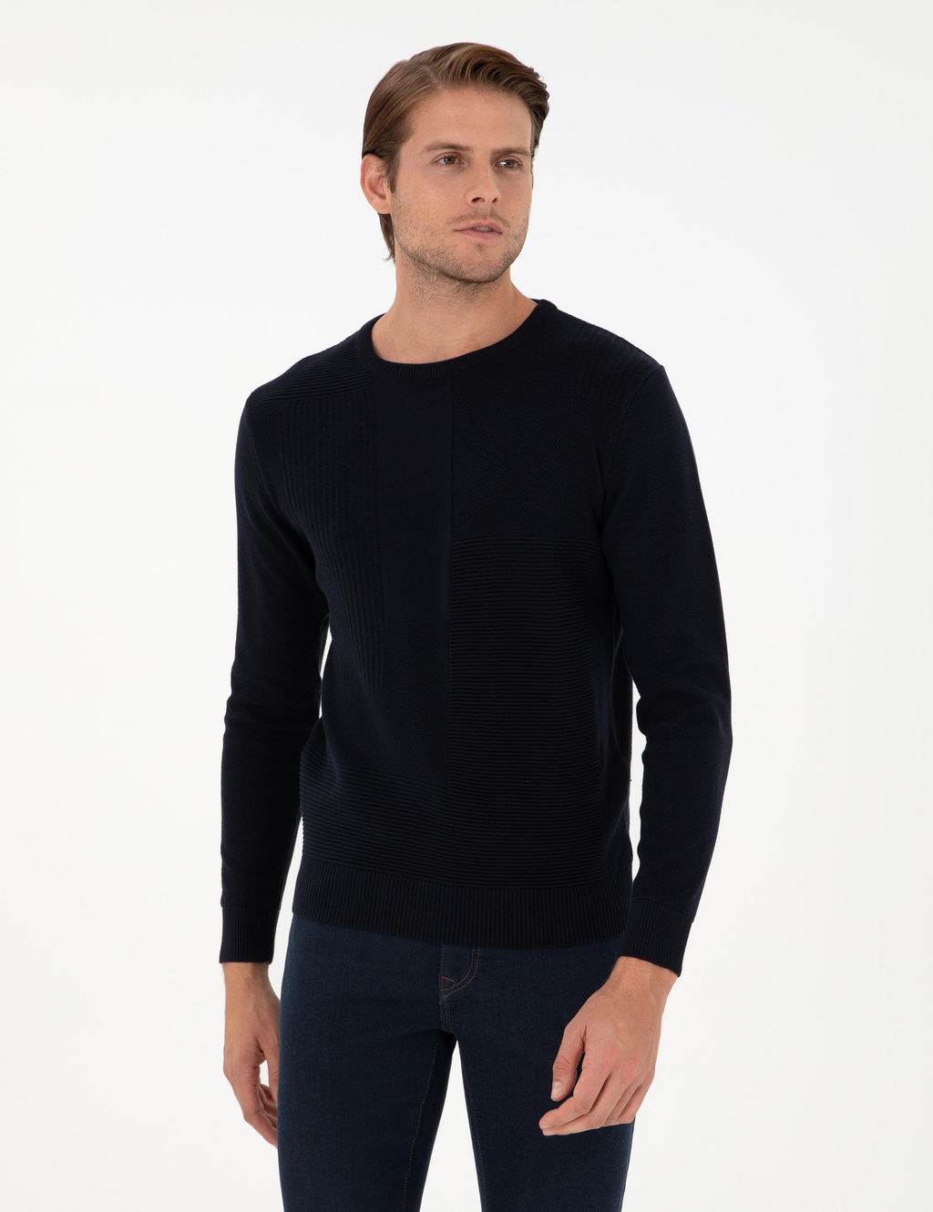 Lacivert Slim Fit Bisiklet Yaka Y_n Kar___ml_ Triko Kazak