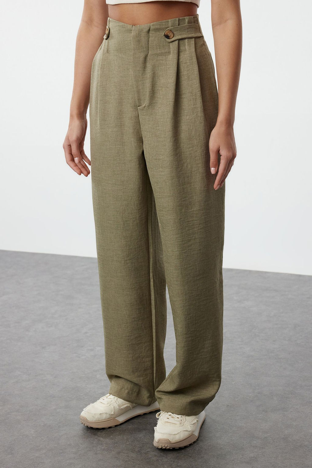 Trendyolmilla Haki Bel Detayl? Wide Leg/Genis Paca Dokuma Pantolon TEDAW25PL00000  фото 3