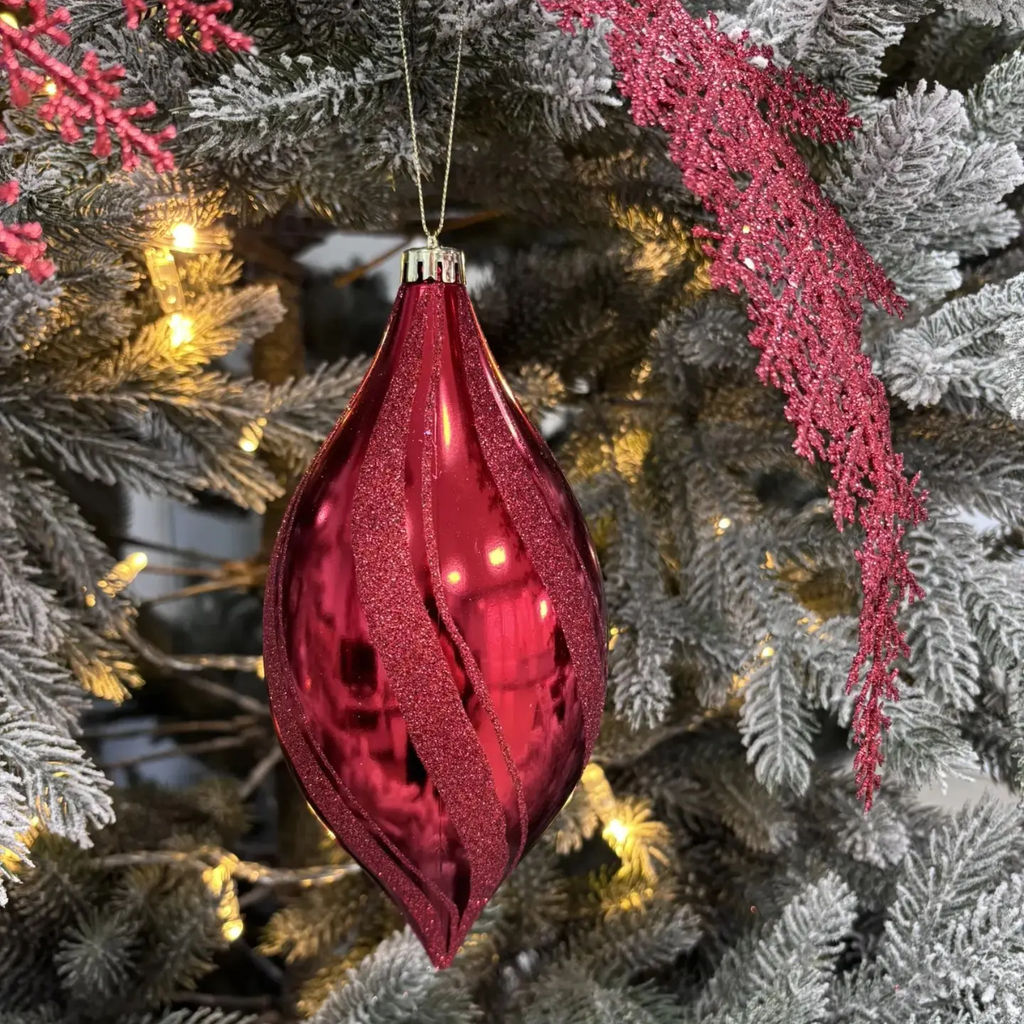 Новогоднее украшение-подвеска, 21 см., красный глянец с красным глиттером, пластик