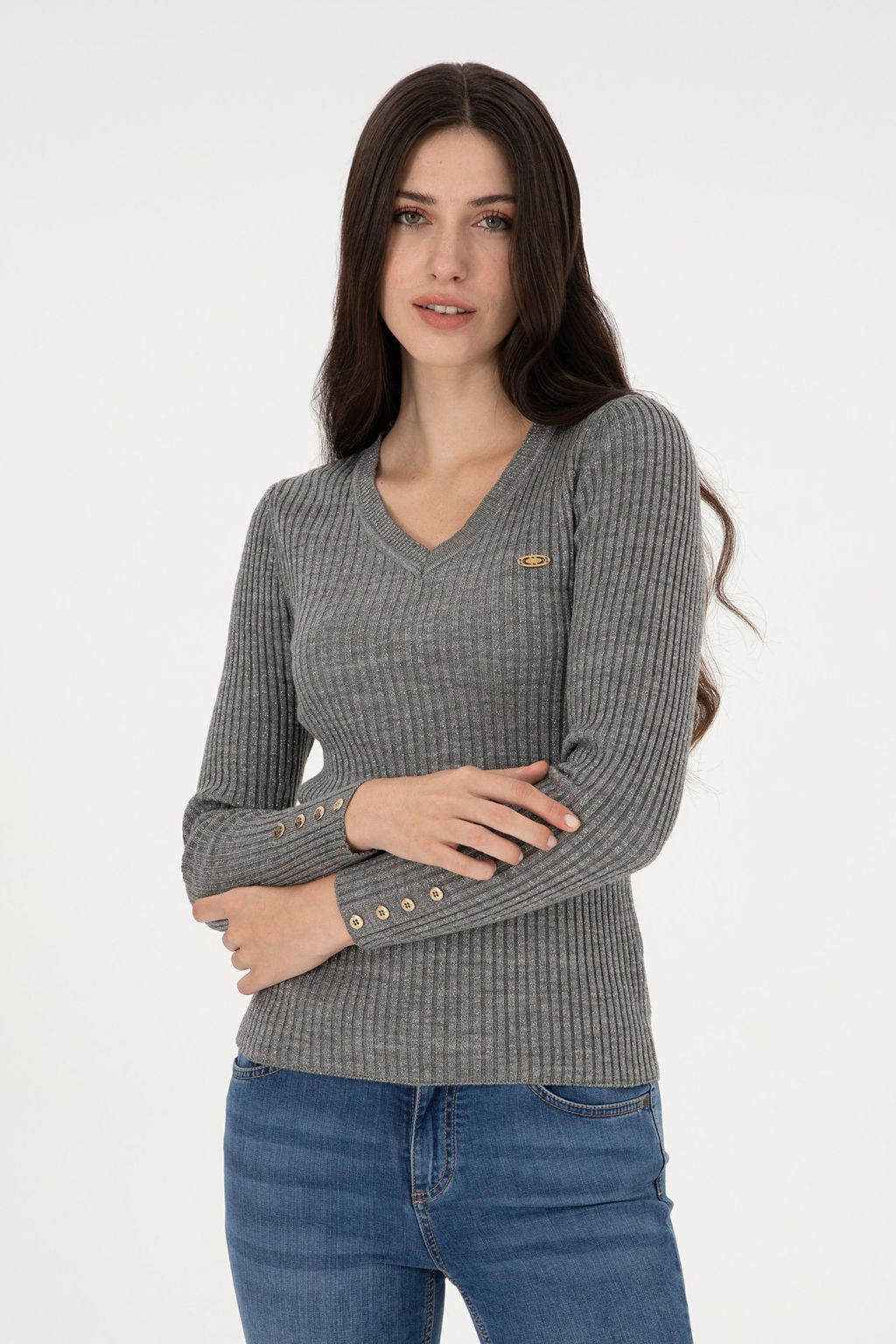 Женский серый меланжевый свитер с v-образным вырезом серебристого цвета Неожиданная скидка в корзине - U.s. polo assn фото 3