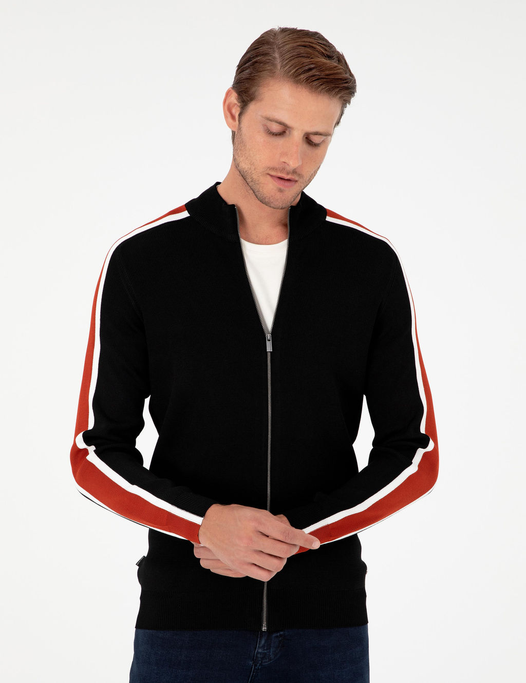 Siyah Slim Fit Y_n Kar___ml_ Fermuarl_ Triko H_rka - Pierre cardin фото 3