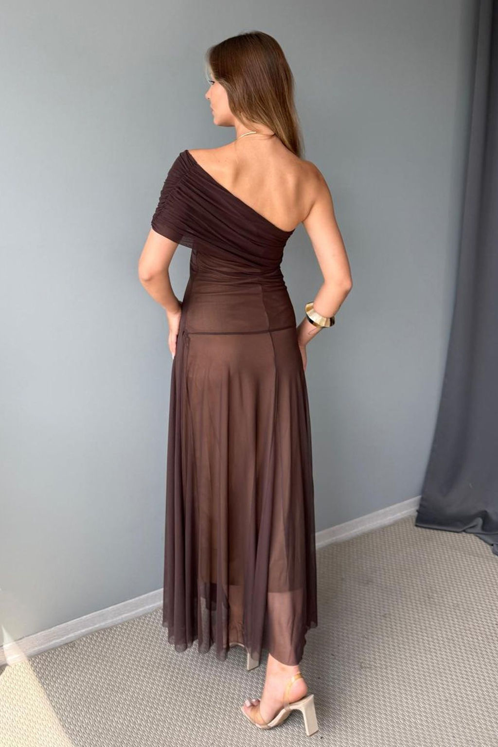 Ac?k Turuncu Desenli Kay?k Yaka Dokuma Maxi Abiye Gece Mezuniyet Elbisesi TPRSS25AE00190 - Trendyolmilla фото 17