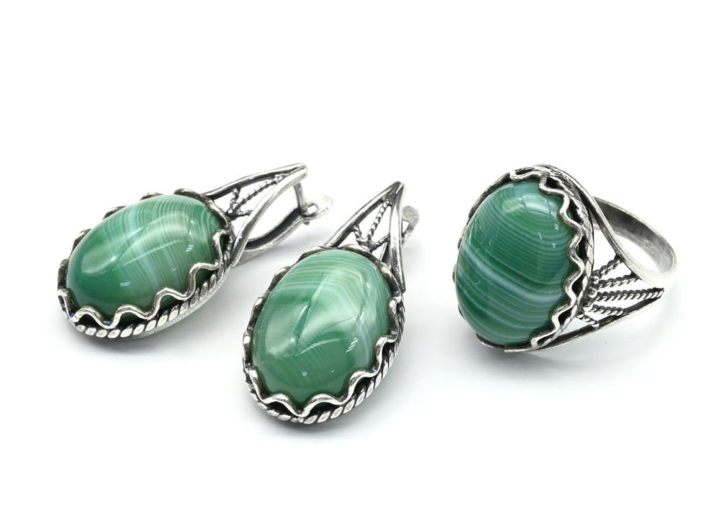 Кольцо Серьги с агатом тонированным цв.зеленый размер 19