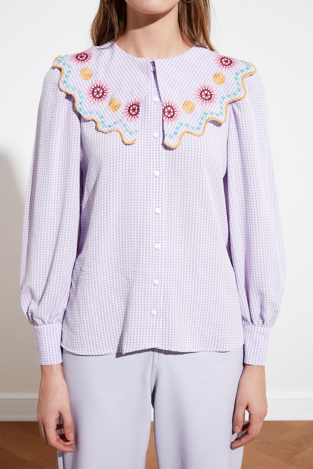 TRENDYOLMILLA Yesil Nak?s Detayl? Gofre Kumas Regular Normal Kal?p Dokuma Gomlek TWOSS21GO0232 фото 12