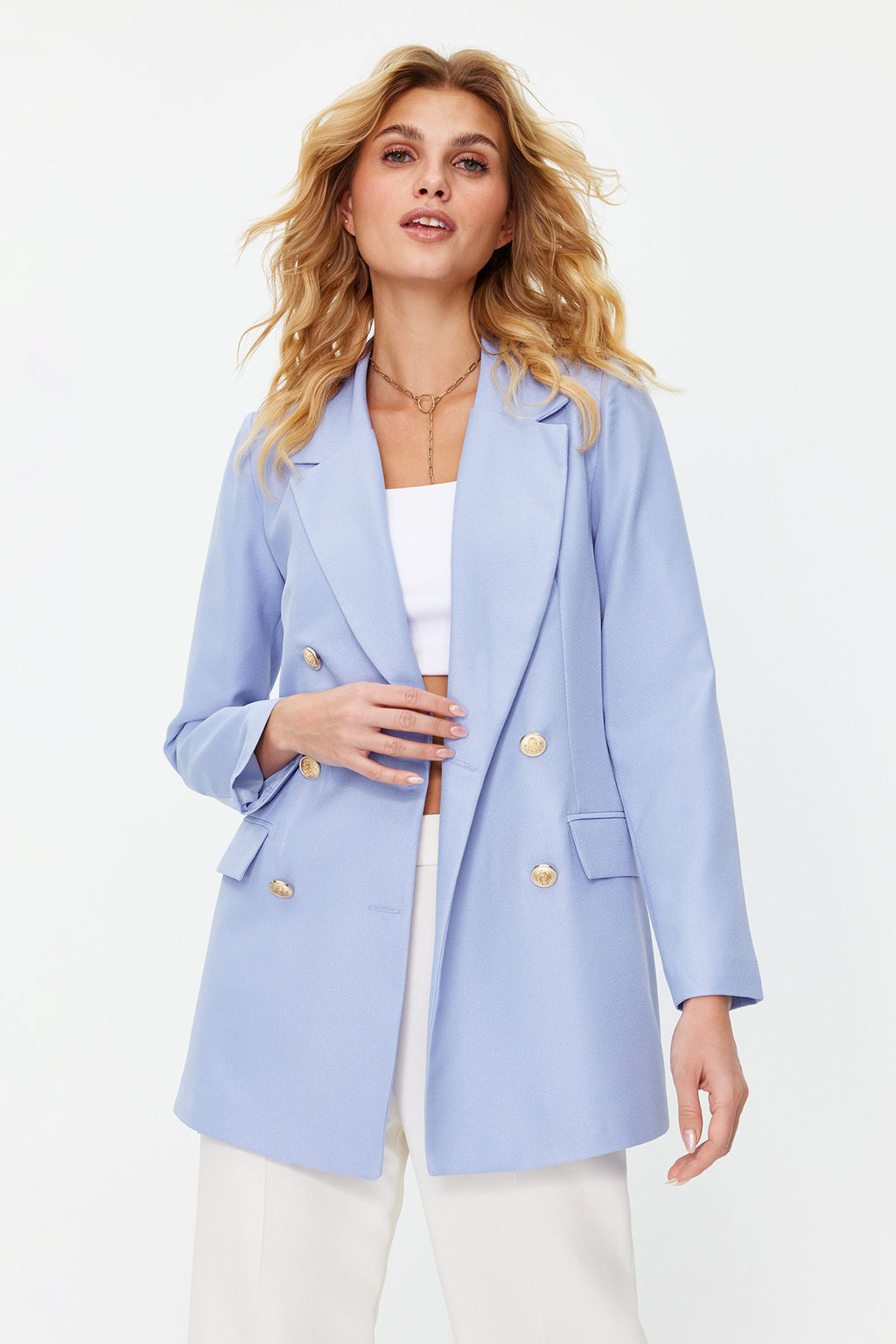 TRENDYOLMILLA Lacivert Oversize Astarl? Kruvaze Kapama Dokuma Blazer Ceket TWOSS20CE0024 фото 28