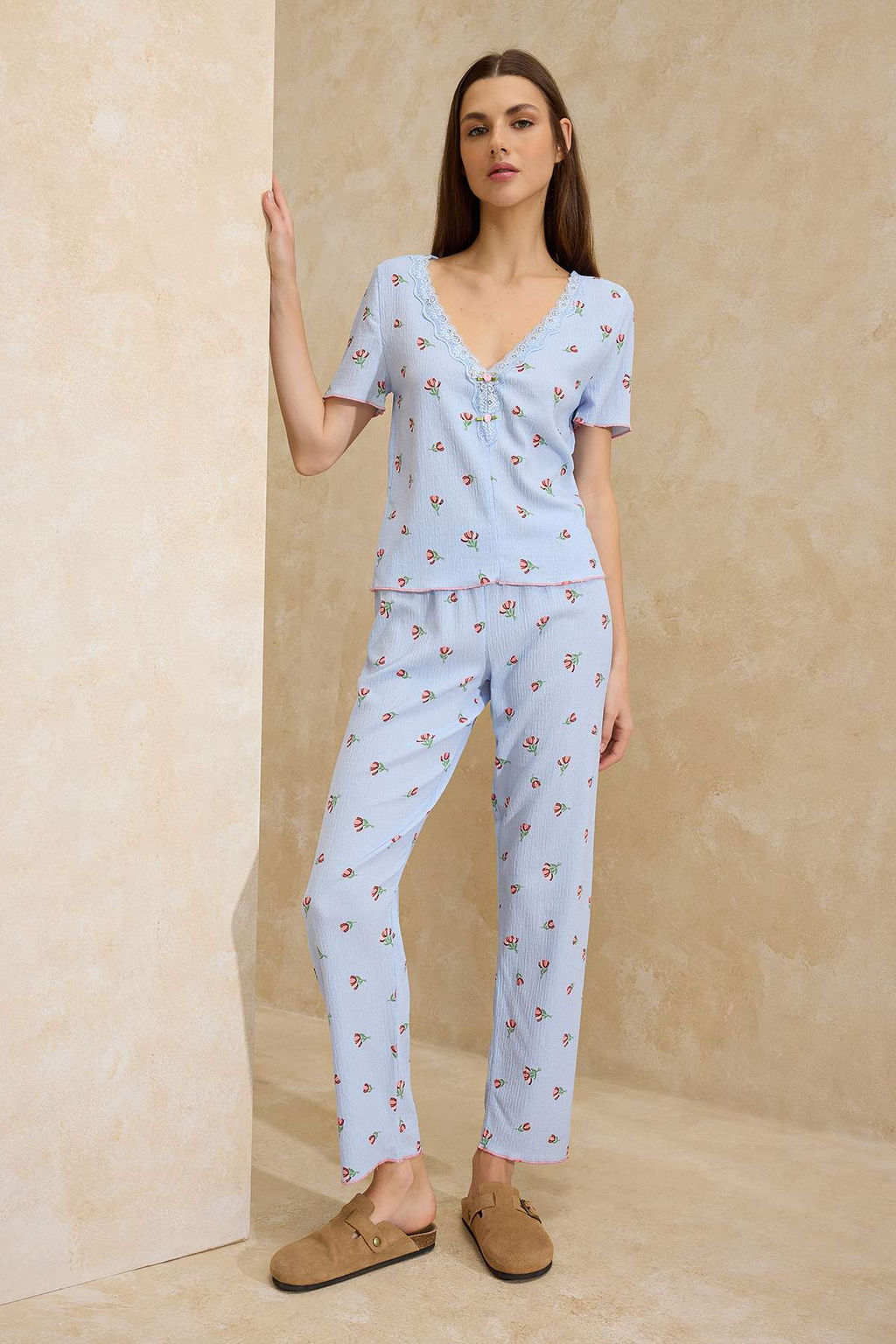 Mavi Cicekli Dantel Detayl? Burumcuk Dokulu Orme Pijama Tak?m? THMSS26PT00011 - Trendyolmilla фото 2