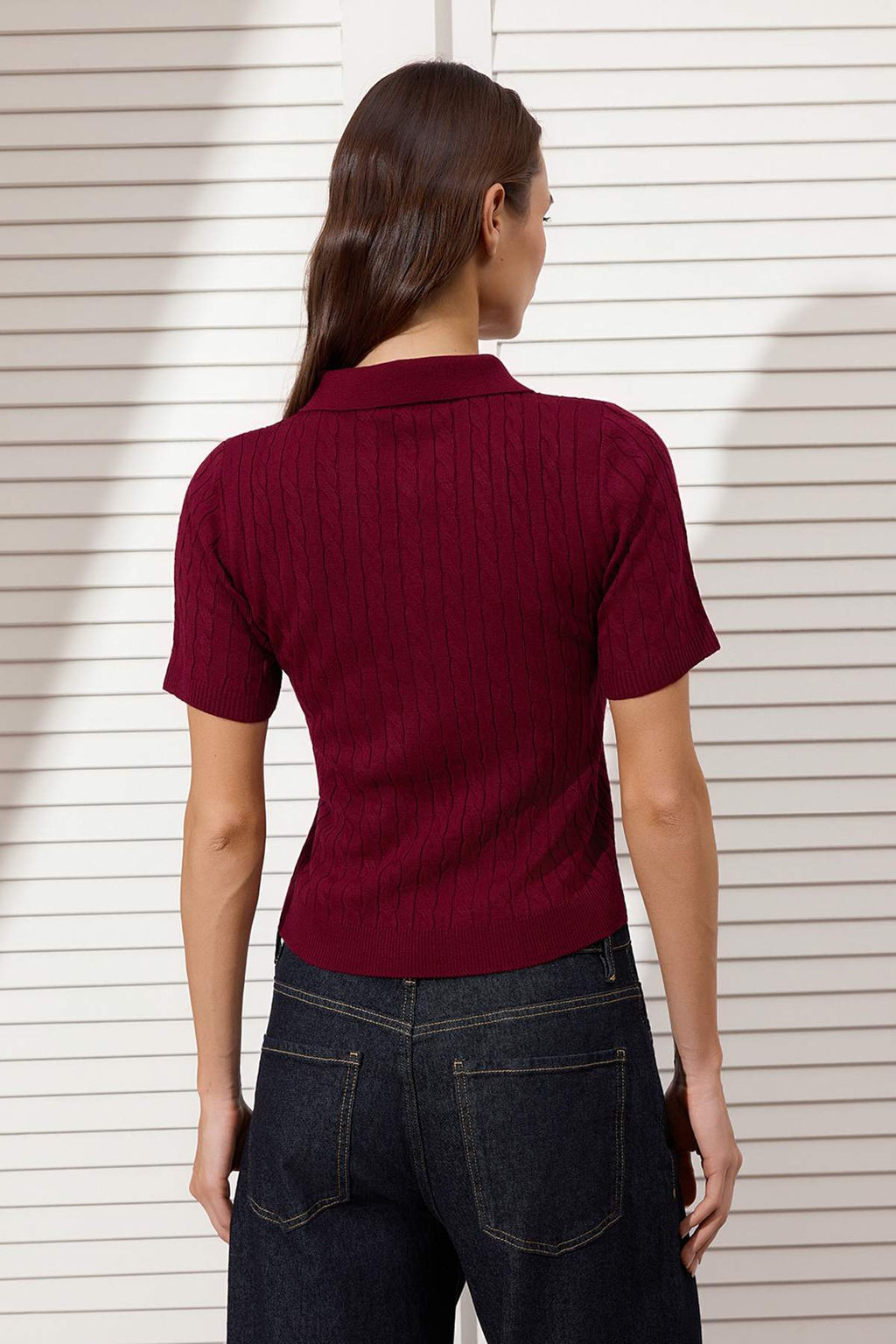 Bordo At Nak?sl? Polo Yaka Sac Orgu Triko Bluz TWOSS26BZ00163