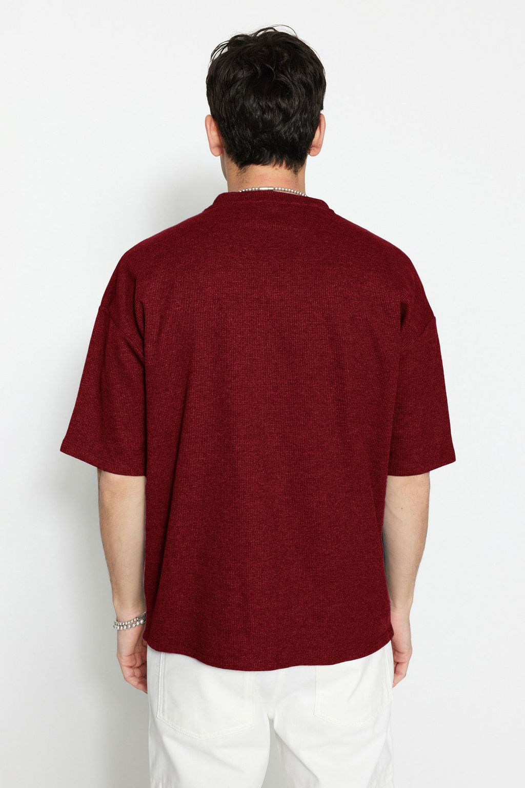 Basic Bordo Oversize/Genis Kesim Dokulu Waffle K?sa Kol T-Shirt TMNSS22TS00049