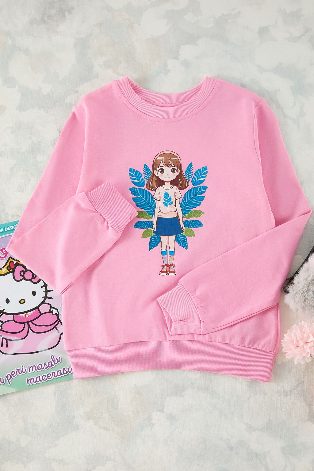 Pembe K?z Cocuk Bask?l? Orme Sweatshirt TKDAW25SW00084
