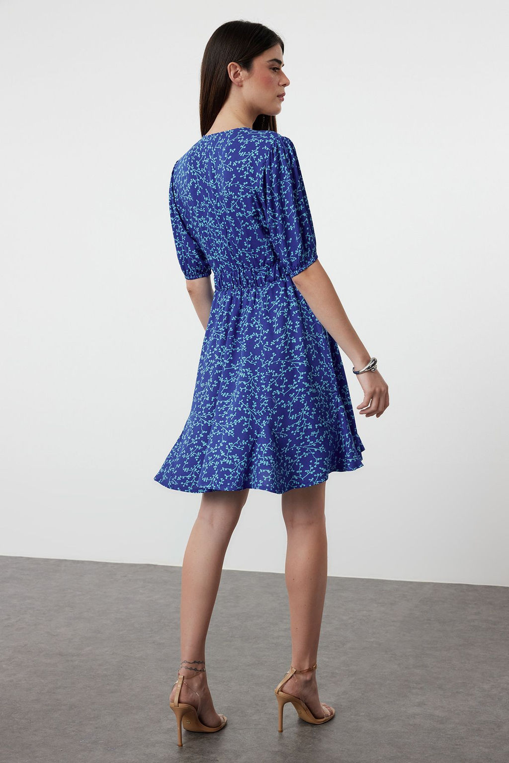 Pembe Cicekli Mini Skater Form Kruvaze Yaka Dokuma Elbise TWOSS24EL01074 - Trendyolmilla фото 12