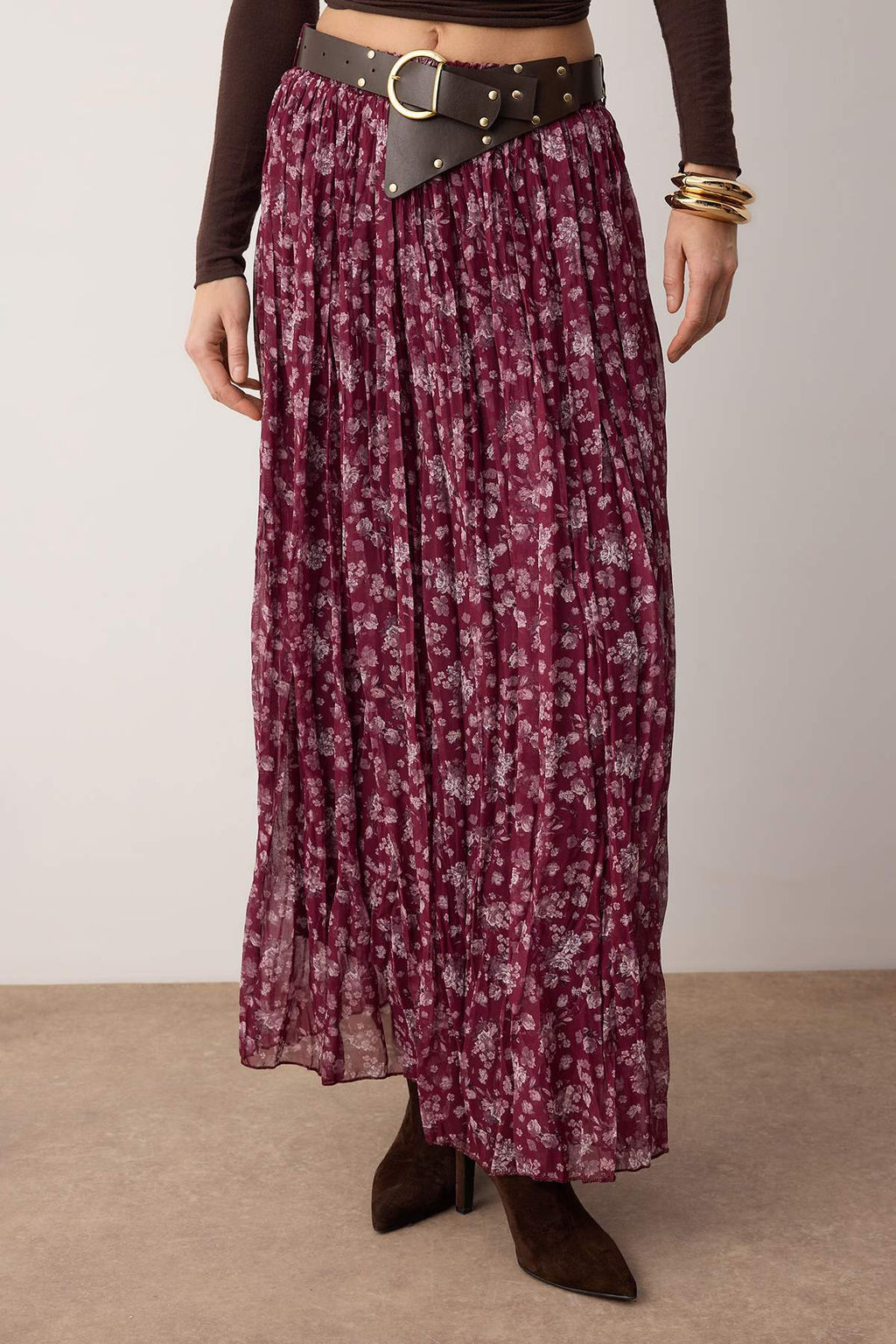 Pembe Kemerli Cicekli Sifon K?r?s?k Dokuma Uzun Etek TWOAW26ET00171 - Trendyolmilla фото 3