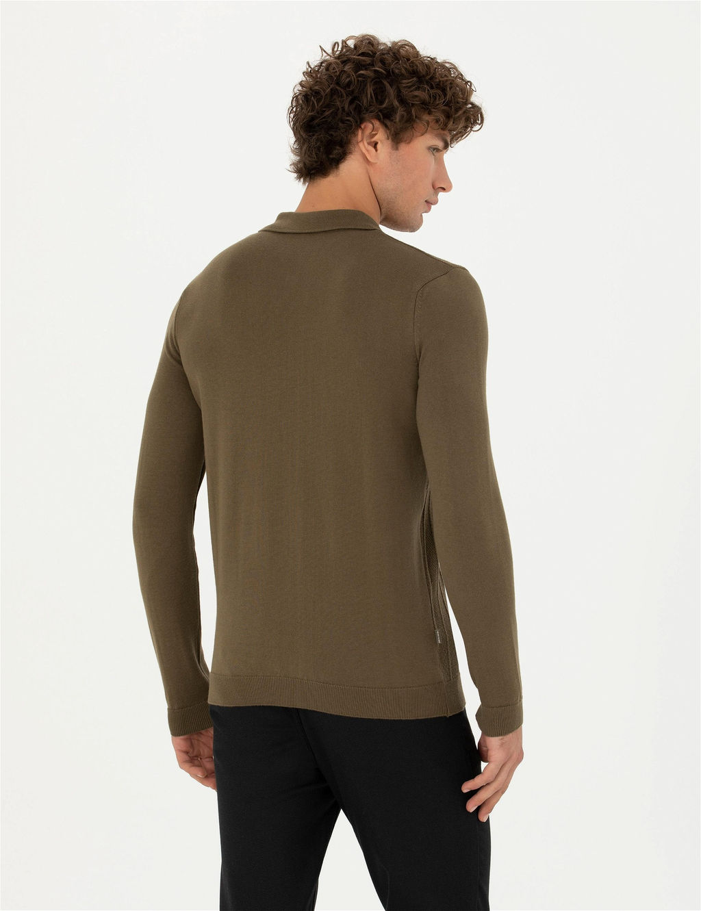 Koyu Haki Slim Fit Fermuarl_ Polo Yaka Triko Kazak