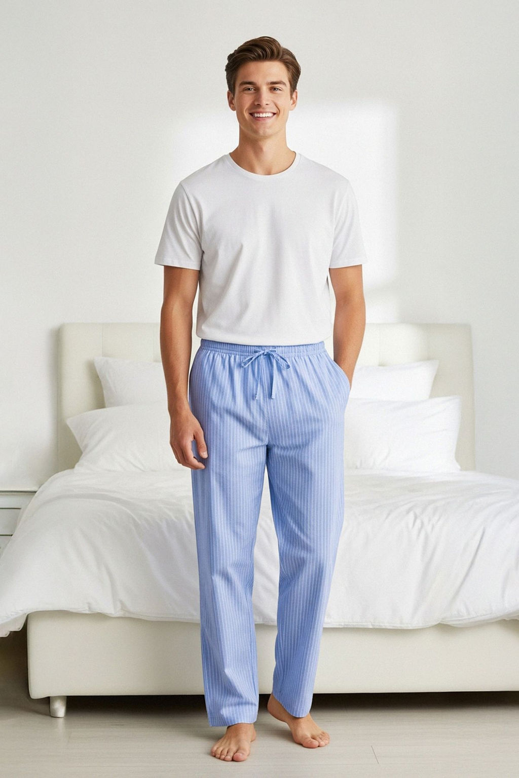 TRENDYOL MAN Ekru - Mavi Regular Fit Ust Orme Alt Dokuma Pijama Tak?m? TMNSS25PT00057