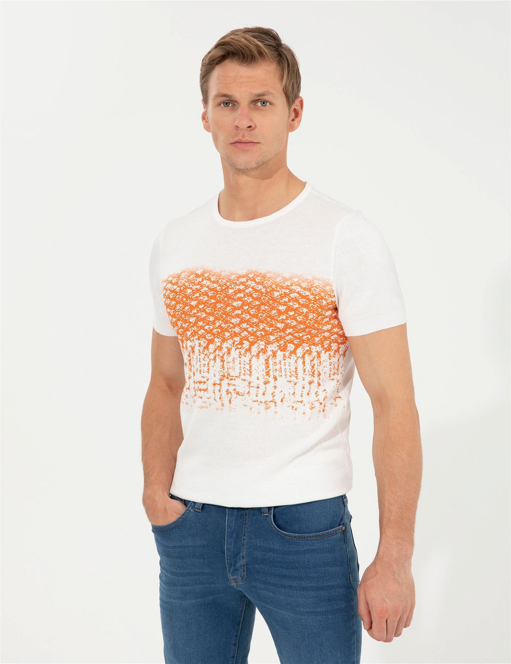 Ekru Slim Fit Bisiklet Yaka Triko Ti__rt - Pierre cardin фото 3