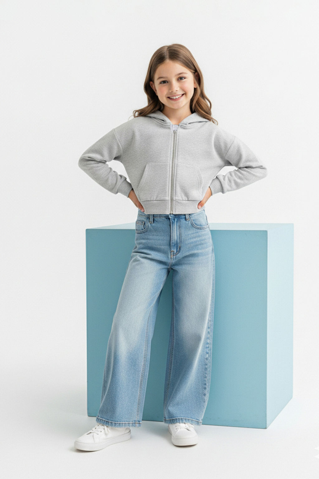 Gri Melanj Pamuklu Crop Fit Duz/Basic Kapusonlu Overize Orme K?z Cocuk H?rka TKDAW26HI00001 - Trendyolmilla фото 2