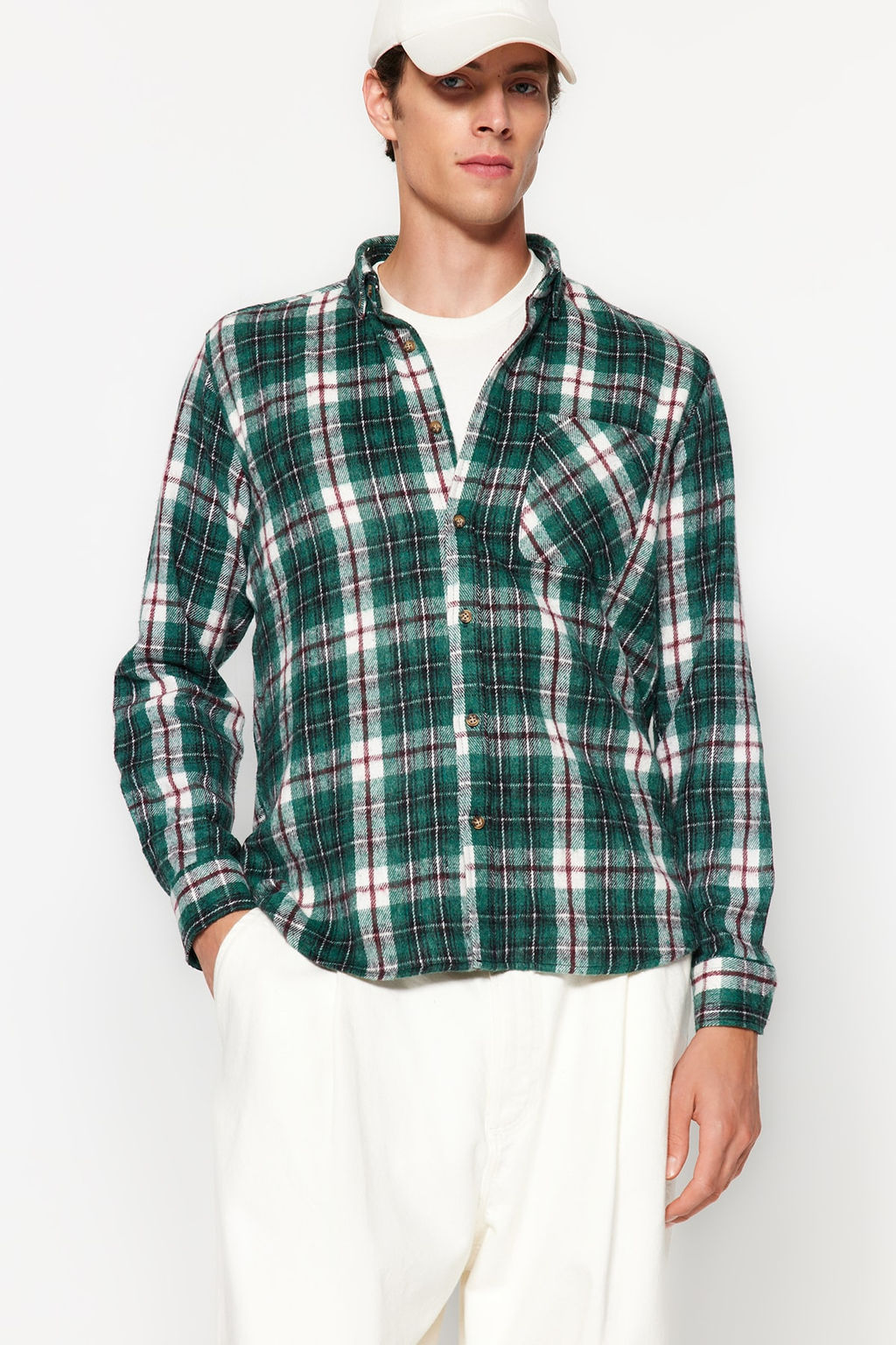 TRENDYOL MAN Yesil Slim Fit Oduncu Ekose Dugmeli Yaka K?sl?k Gomlek TMNAW22GO0045 - Trendyolmilla фото 3