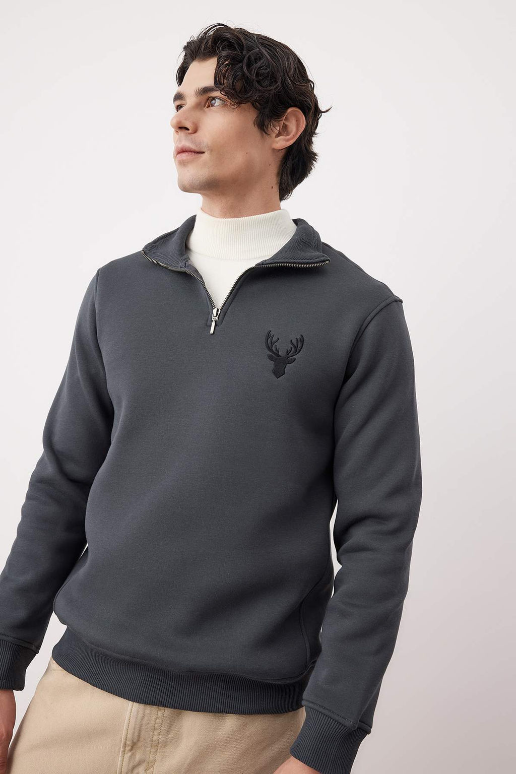 Antrasit Regular/Normal Kesim Dik Yaka Fermuarl? Pamuklu Geyik Nak?s Sweatshirt TMNAW24SW00041