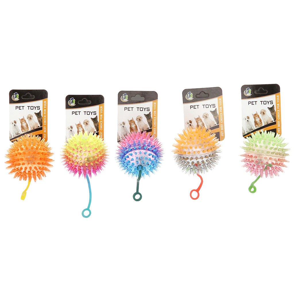 Пэт тойс (Pet toys) Игрушка для собаки Мяч с шипами д7см h7см, ПВХ, на резинке, с пищалкой, светящаяся, на картоне, прозрачная, двухцветная, цвета в ассортименте: синий/розовый, салатовый/сиреневый, зеленый/сливовый, оранжевый/кирпичный, серый/пе  фото 2