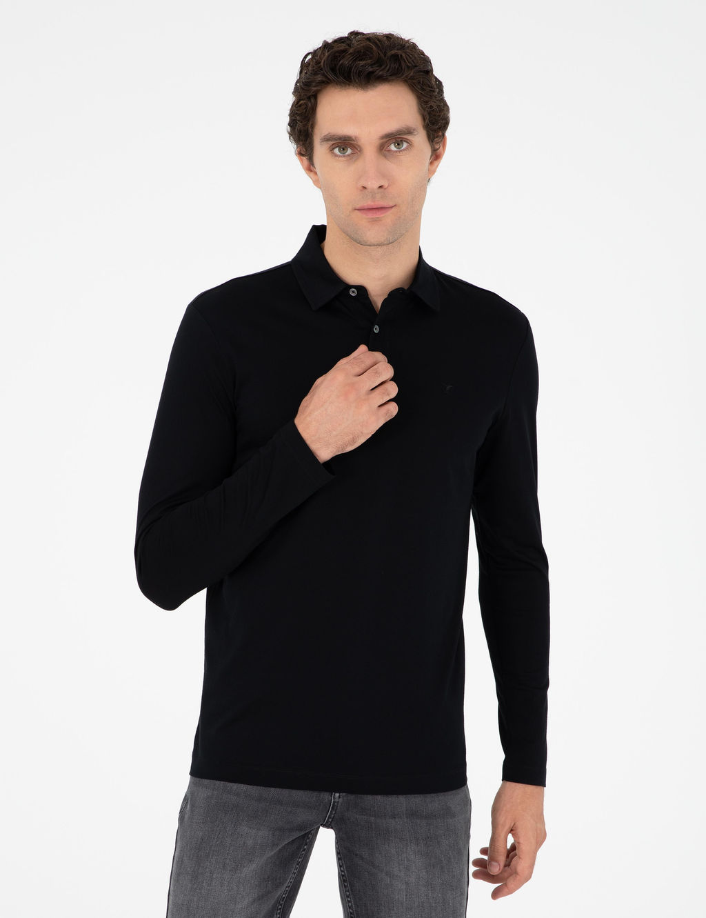 Черный хлопковый свитшот стандартного кроя с воротником поло