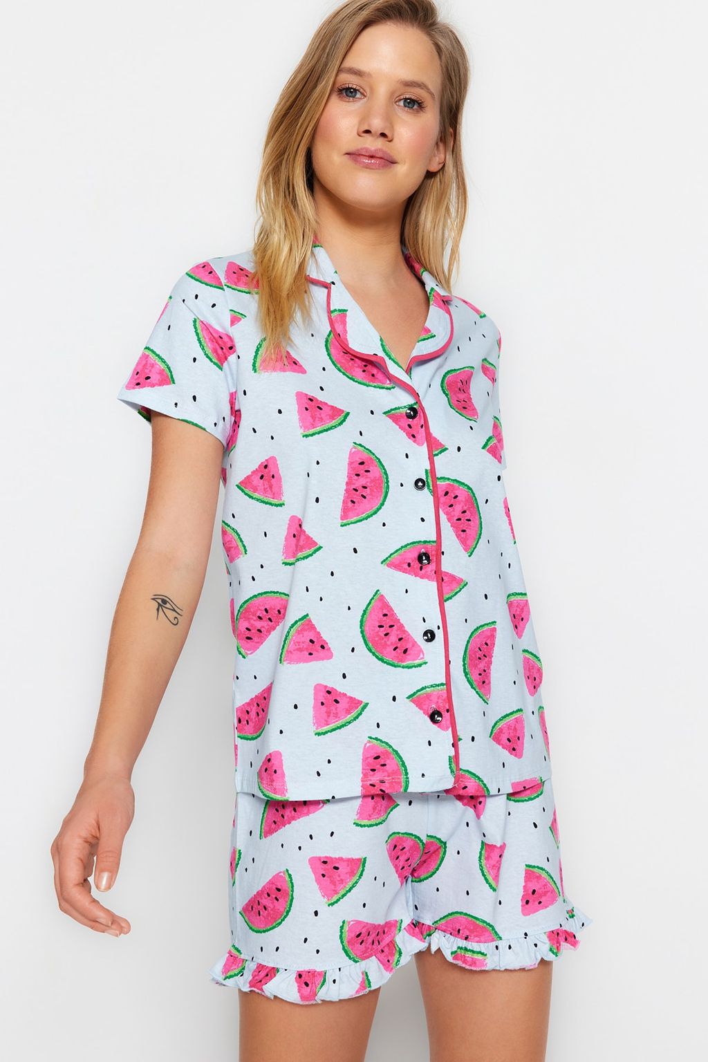 Trendyolmilla Pembe %100 Pamuklu Karpuz Desenli F?rf?rl? Sortlu Orme Pijama Tak?m? THMSS21PT0670 фото 2