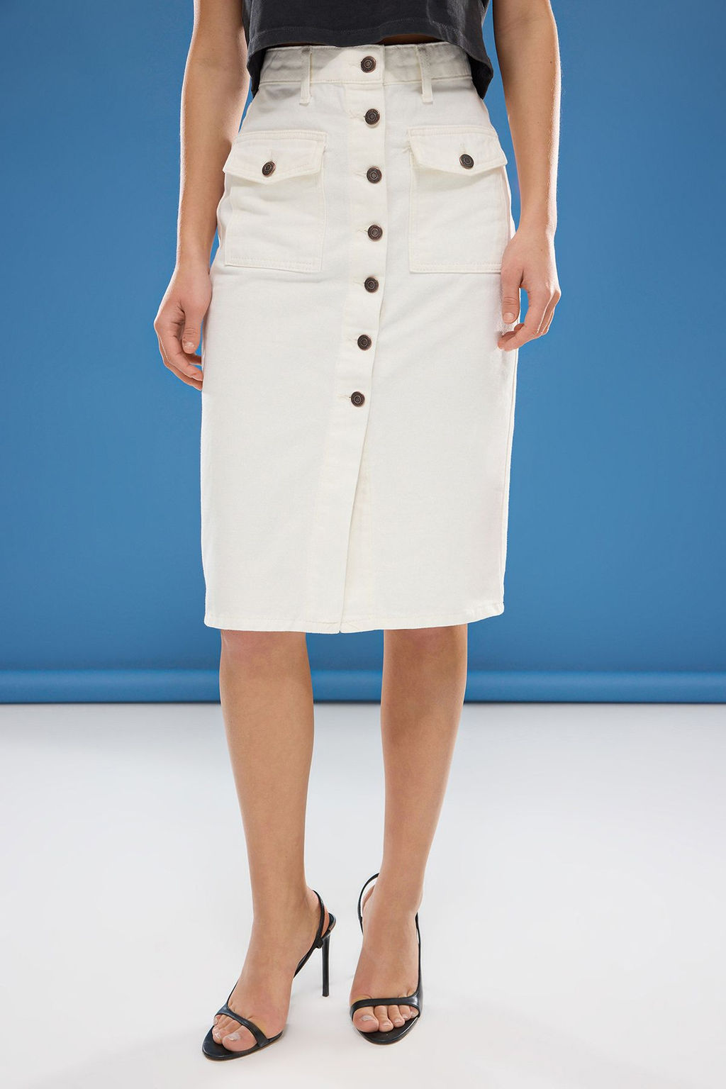 TRENDYOLMILLA Ekru Cep Detayl? Onden Dugmeli Midi Denim Etek TWOSS25ET00105 фото 3