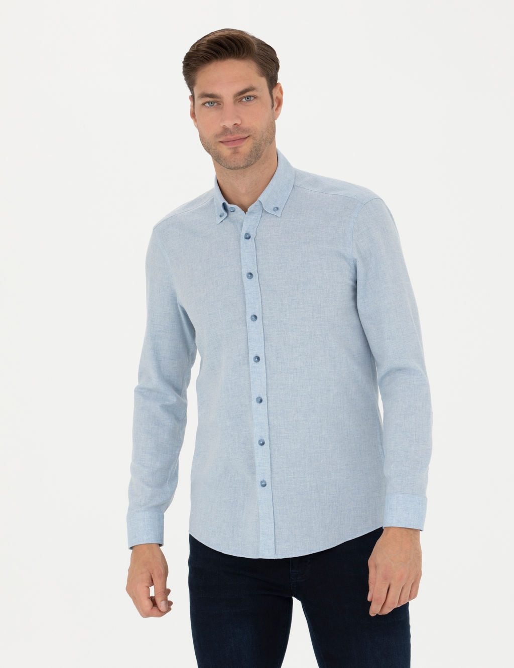 A__k Mavi Slim Fit Uzun Kollu G_mlek