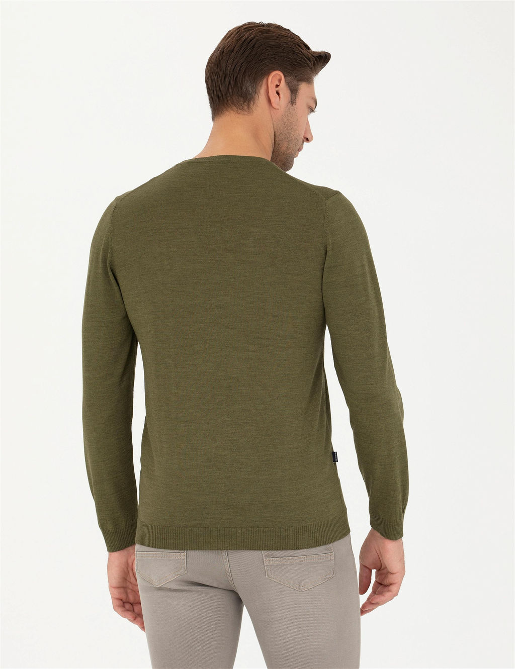 A__k Ye_il Slim Fit Bisiklet Yaka Y_n Kar___ml_ Basic Triko Kazak