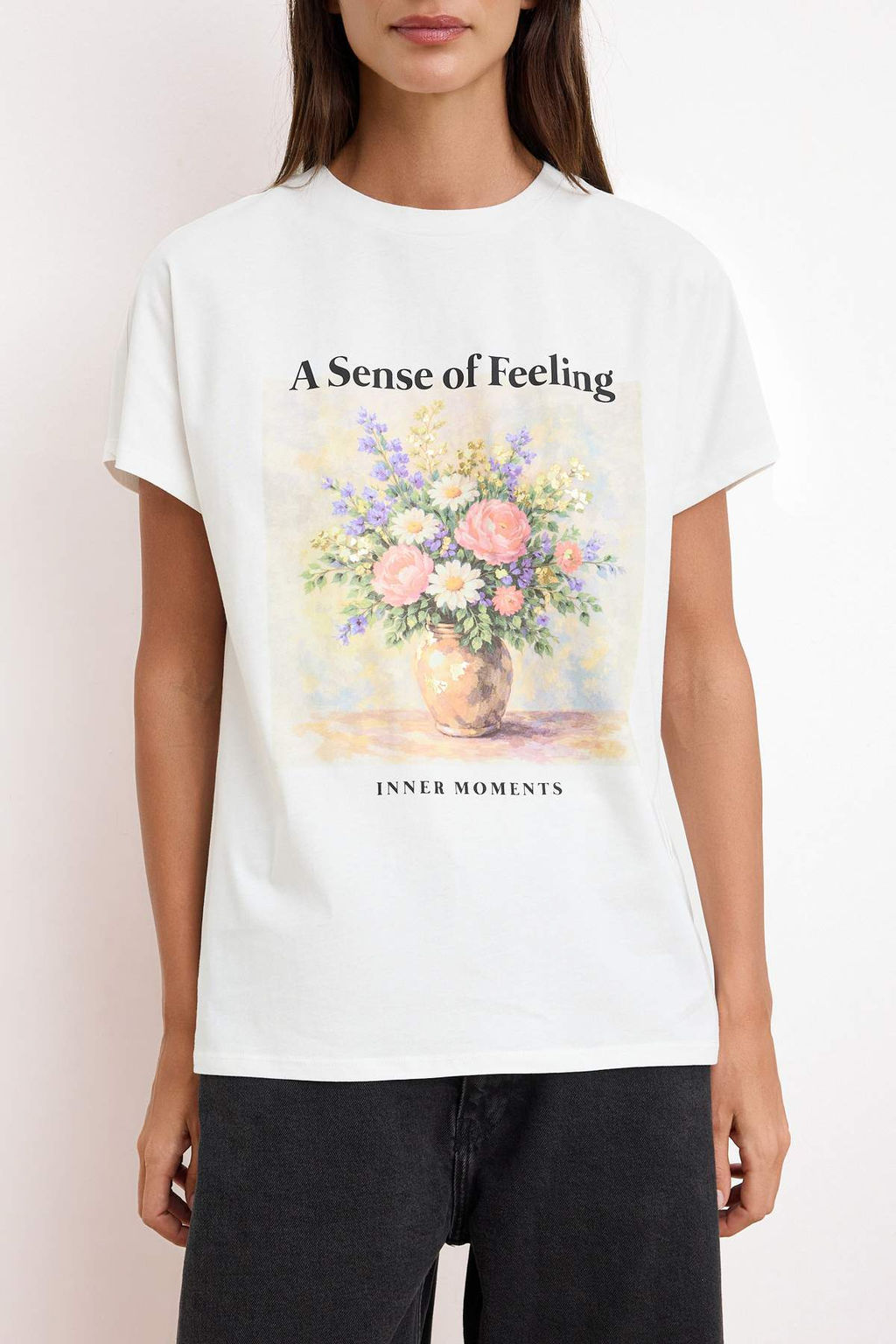 Ekru Cicekli Regular/Normal Kal?p Dusuk Kol K?sa Kollu %100 Pamuk Orme T-shirt TWOSS26TS00072 - Trendyolmilla фото 3