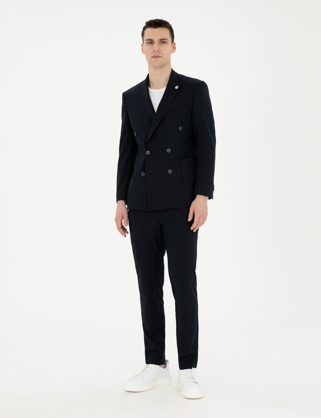 Lacivert Ekstra Slim Fit _izgili Kruvaze Tak_m Elbise