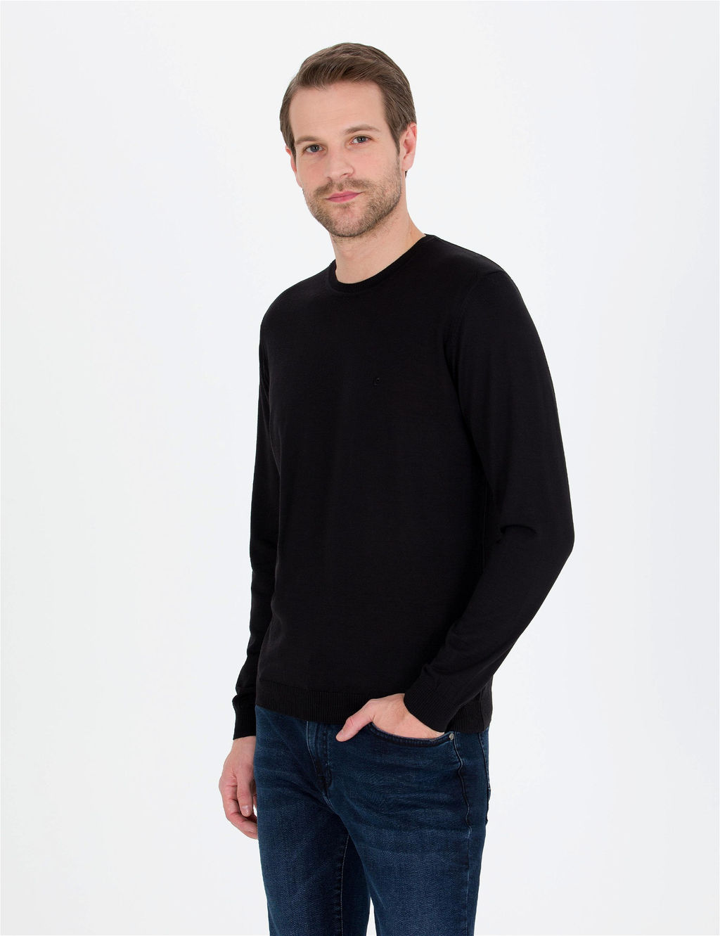 Siyah Slim Fit Bisiklet Yaka Y_n Kar___ml_ Basic Triko Kazak